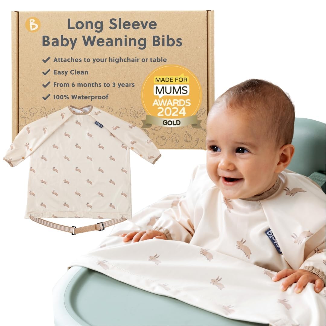BIBaDO Long Sleeve Baby Bibs - Coverall Weaning Bib with Highchair Strap