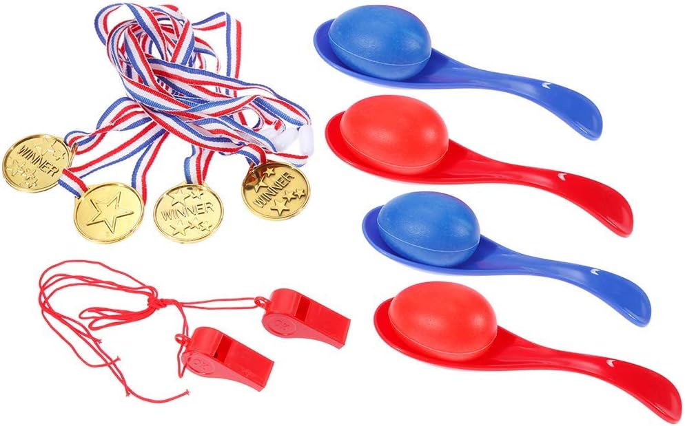 GOLDGE 32 Pcs Sports Day Kit, Sack Race Set Bean Bag Toss Fun Outdoor Garden Family Game for Adults And Kids, Includes 4 Coloured Sack, 4 Eggs, 4 Spoons, 4 Bean Bags, 2 Whistles and other