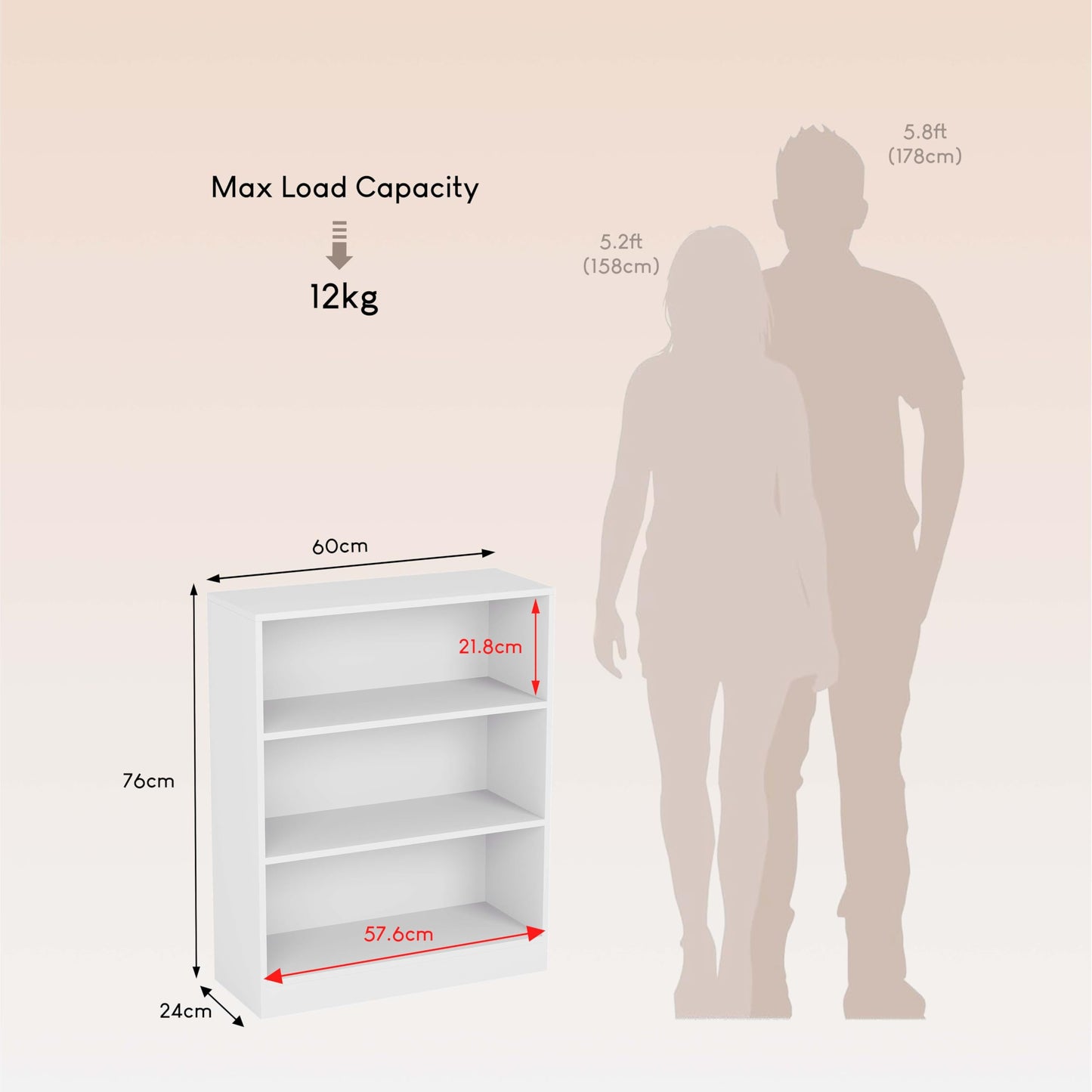 Vida Designs Cambridge 3 Tier Low Bookcase, White Wooden Shelving Display Storage Unit Office Living Room Furniture