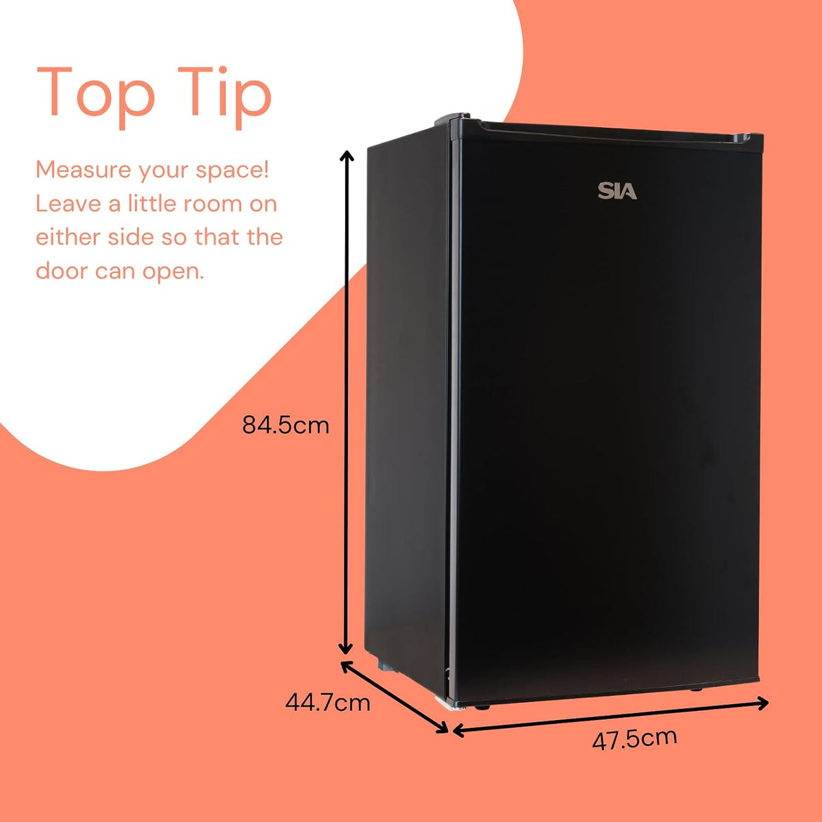 SIA LFS01BL-AMZ1 Black Under Counter Fridge, 91L Capacity, 48cm Wide, Freestanding Larder, E Rated, 2 Years Parts and Labour Guarantee