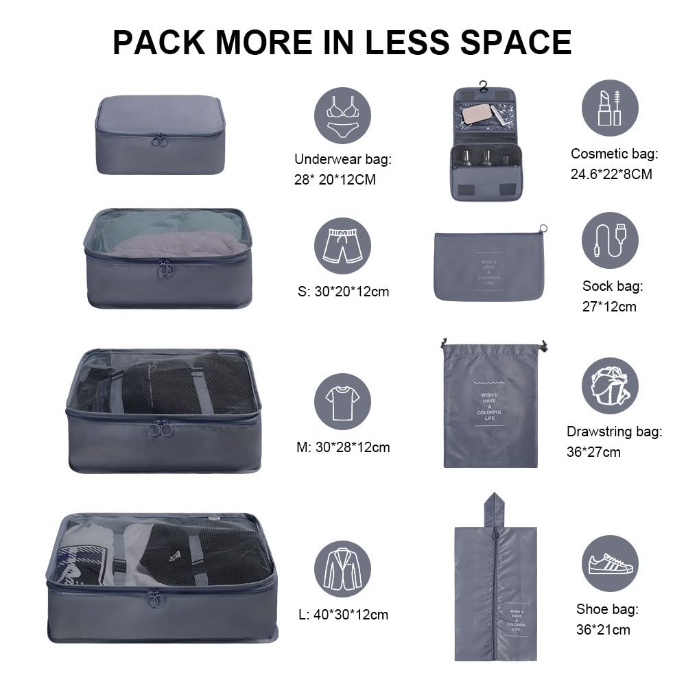 OSDUE Packing Cubes for Suitcase, 8PCS Thickening Travel Organiser Packing Bags Lightweight Travel Accessories Organizers Essentials Clothes Shoes Cosmetics Toiletries Storage Bags