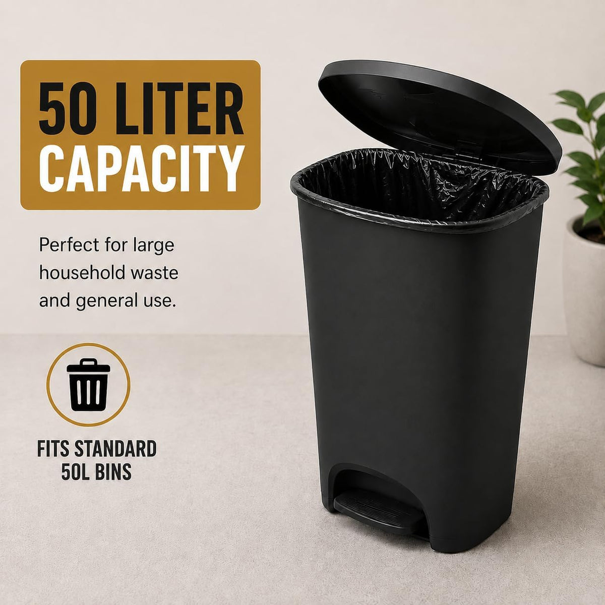 Haya Home 50L 50 Bin Bags Heavy Duty Bin Liners, Black Plastic Refuse Sacks large Garbage Waste Dustbin Bags for Kitchen Home Office DIY Garden from 100% Recycled Material