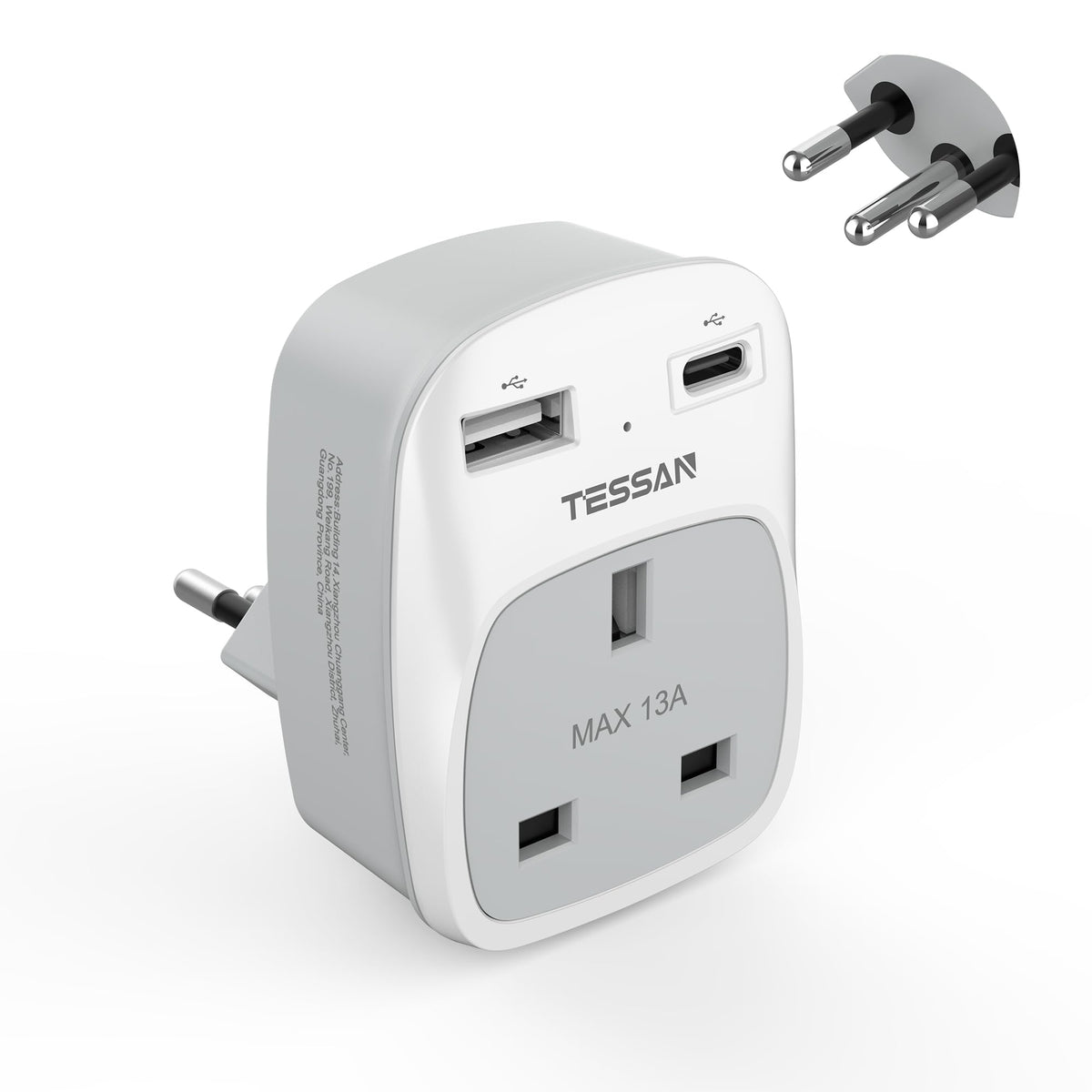 TESSAN UK to Italy Plug Adapter, Grounded Type L Travel Adaptor with USB C