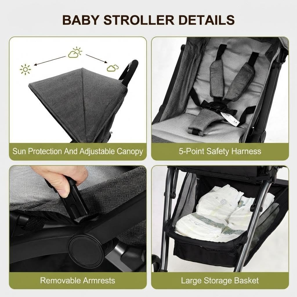 Lightweight Pushchair, Travel Stroller with 3 Recline Positions, Fully Reclining From Birth Up to 22 kg, Baby Stroller with Cup Holder & EVA Shock Absorbing Wheels, One-Click Foldable for Easy Carry-B