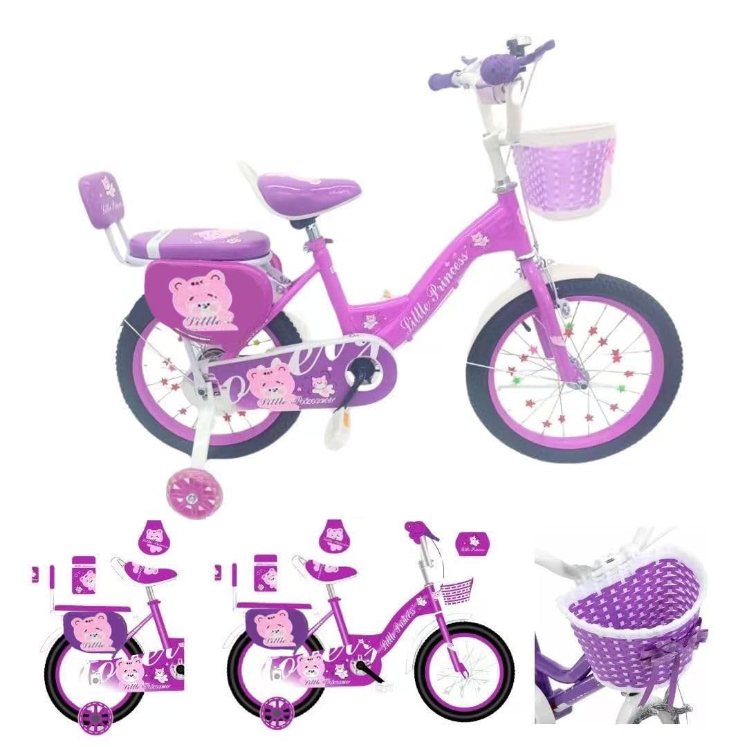 Girls Bike 16" Purple with Stabilisers, Basket & Bell — Adjustable Seat & Handlebars