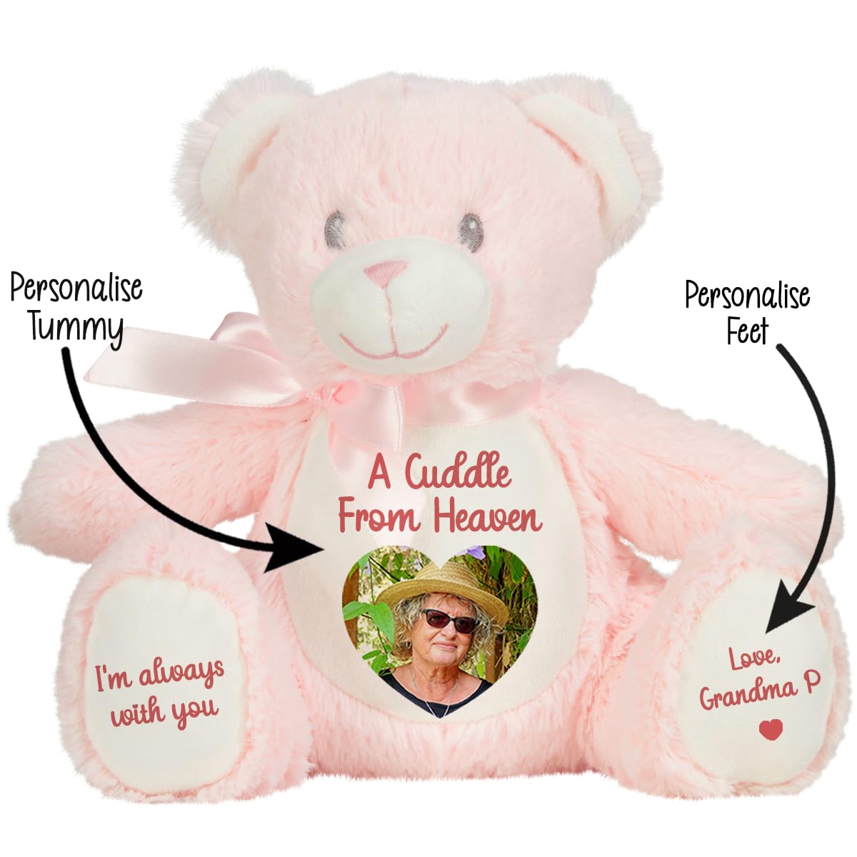 Personalised Memory Teddy Bear with Heart-Shaped Photo – “A Cuddle From Heaven” Keepsake Gift – 28 Bear Styles – Add Your Text & Choose Colour – Custom Memorial Bear (White Angel Teddy)