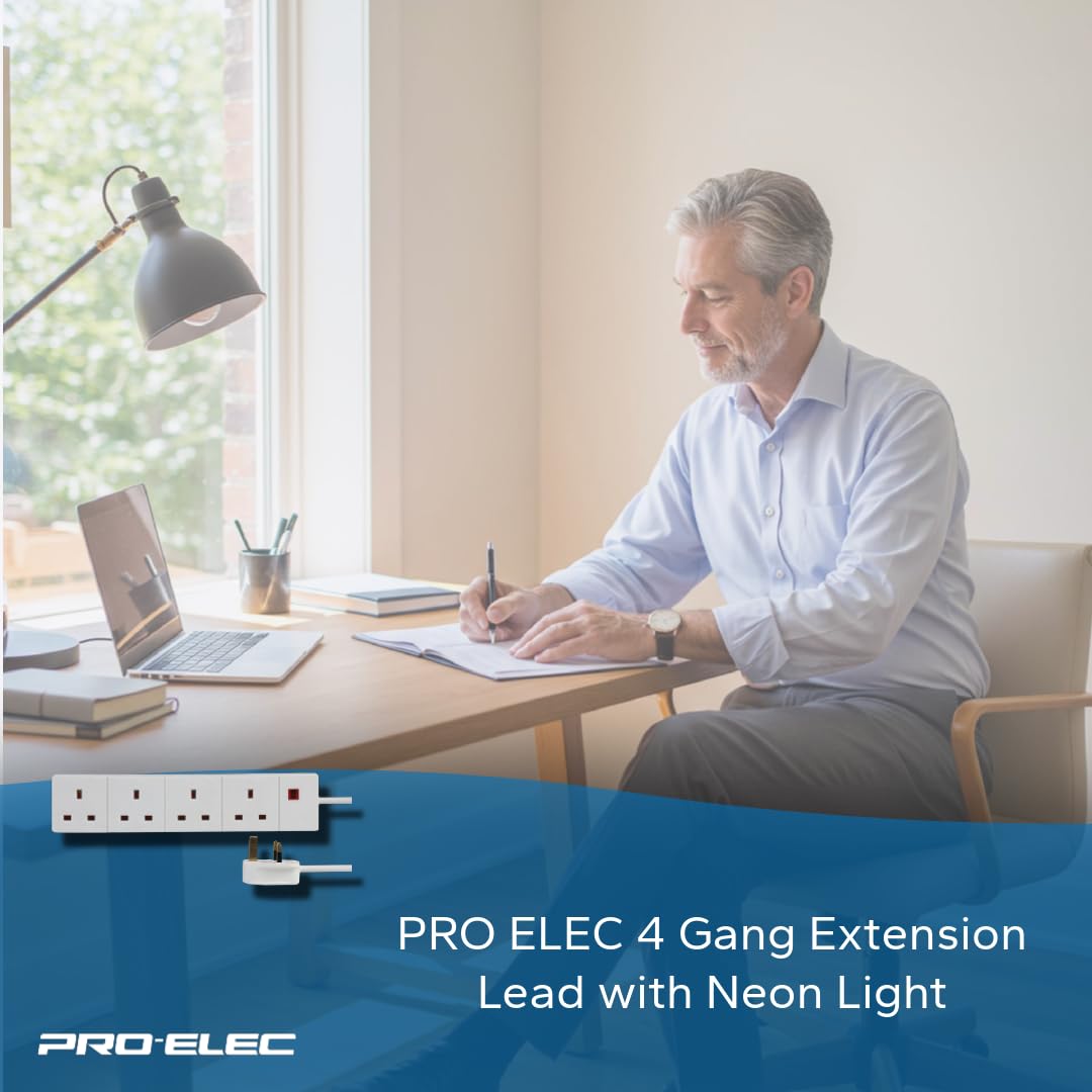 Pro Elec 3 m 4 Socket Neon On Light Extension Lead - White