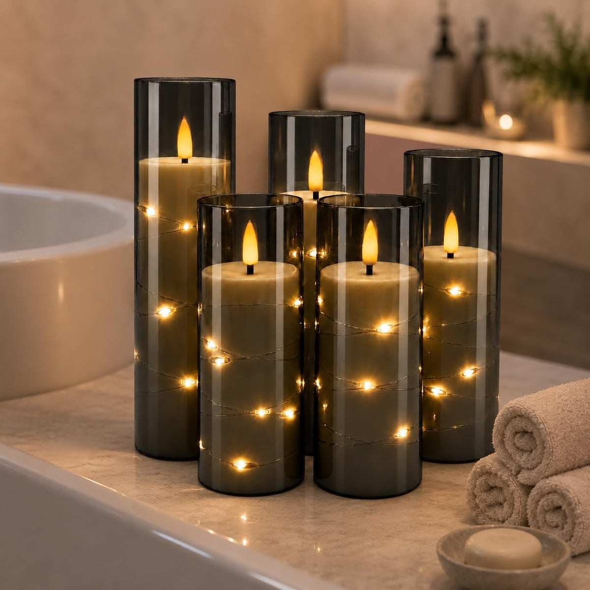 5 Pack Ivory Transparent Taper Candles, Black Wick Flickering Flameless LED Candles with Fairy Lights, Heat Resistant Reusable Plastic Candles, Remote Control, 14/14/16/18/20cm, Indoor Outdoor Decor