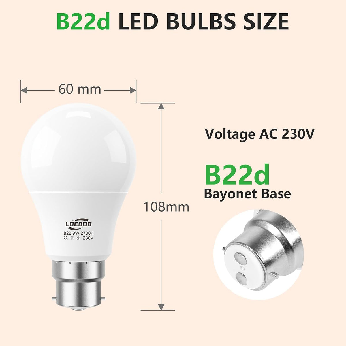 B22 Bayonet Light Bulb 9W=60W, 6000K Cool White, 806LM, Pack of 6