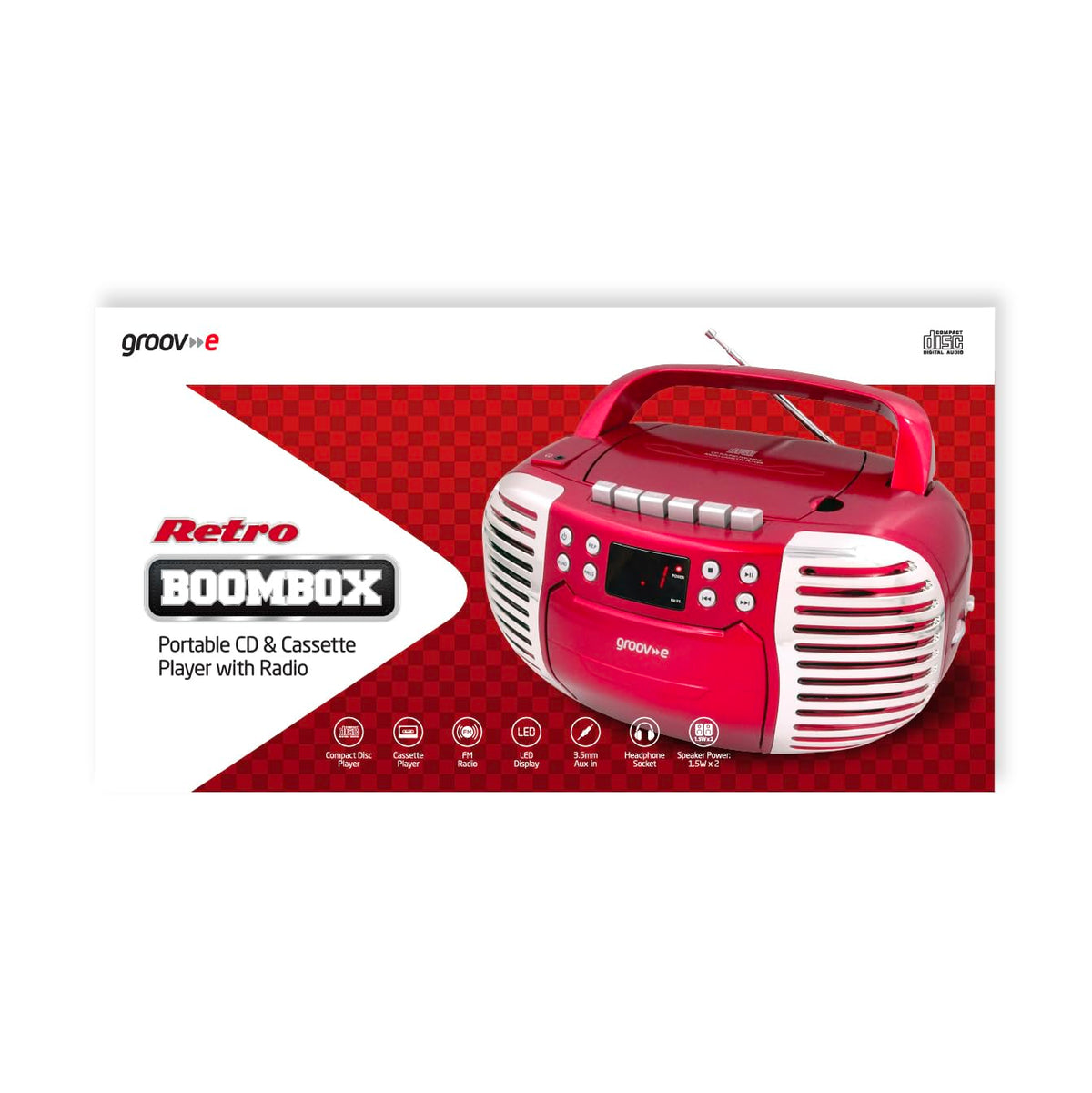 Groov-e Original Boombox - Portable CD Player with Bluetooth, Radio, 3.5mm Aux Port, & Headphone Socket - LED Display, 2 x 1.2W Speakers - Battery or Mains Powered - Black