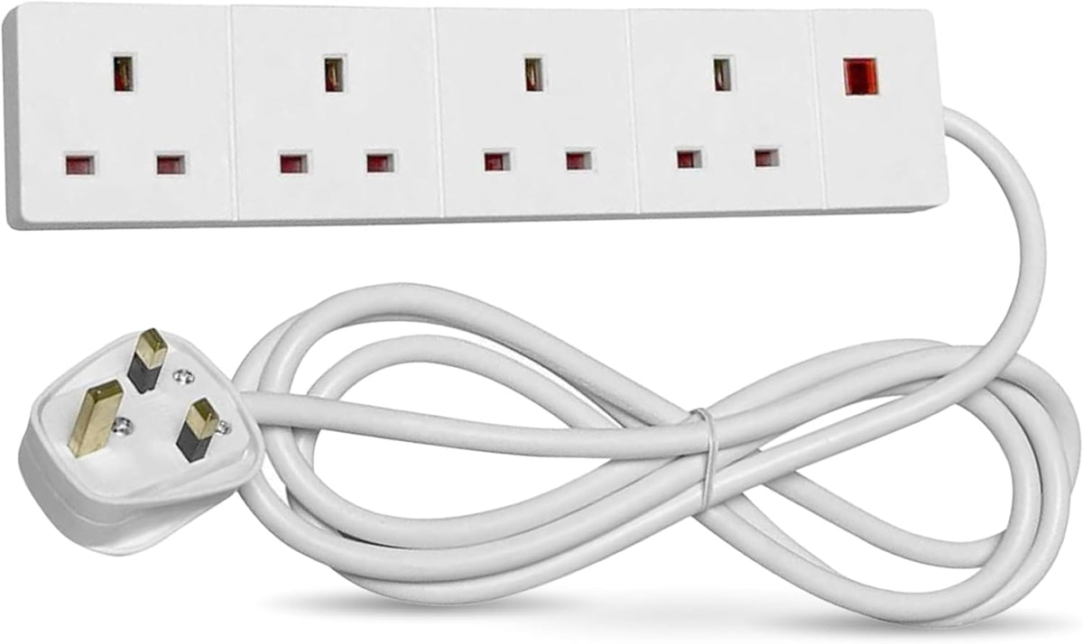 STATUS 4 Way Socket Extension Lead, 4m Cable with Neon Power Indicator, 13A Multi-Plug Strip for Home or Office, Wall Mountable, White (S4W4MS6)