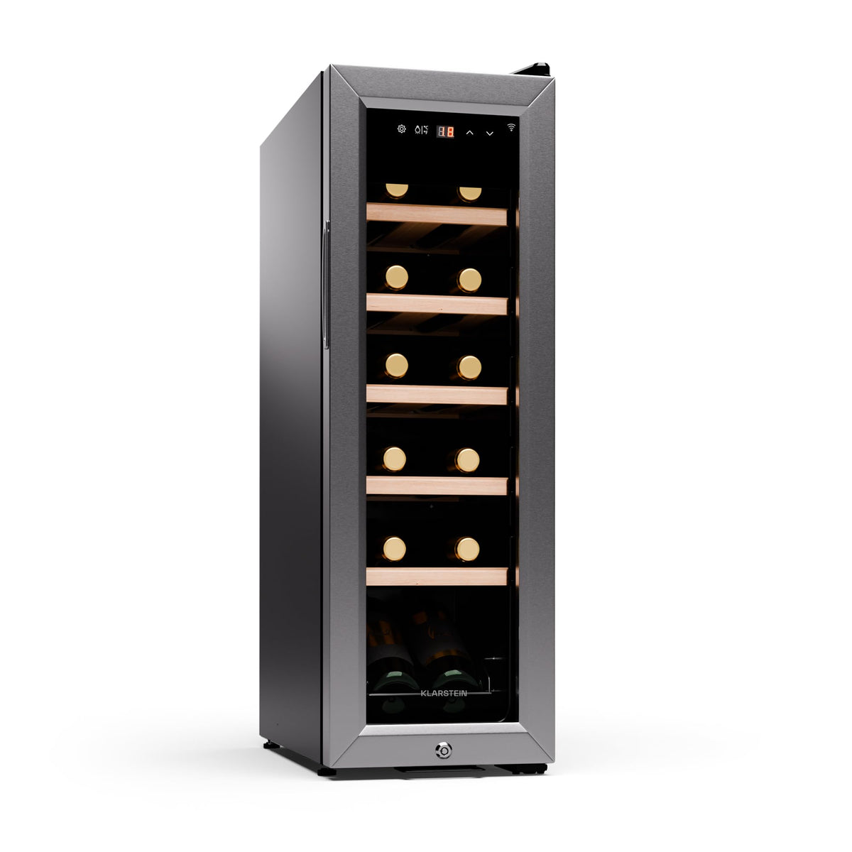 KLARSTEIN Shiraz Wine Cooler Black – 8 Bottles, 1 Zone | Freestanding Wine Fridge with Glass Door, Quiet, 5–18 °C, LED, Stainless Steel Frame