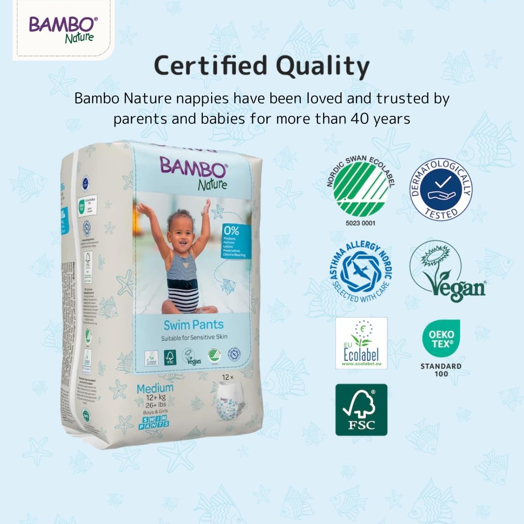 Bambo Nature Premium Swim Nappy Pants Medium Size (12+ kg), Disposable and Eco-Labelled, Perfect Swimming Nappies for Water Activities, Swim Nappies for Babies