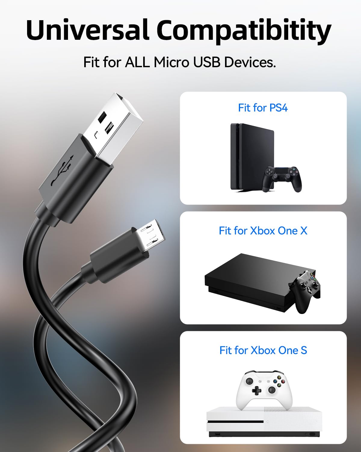 Superer 1.5 M 2 Pack Micro USB Charger Cable Fit for Sony PS4, Xbox One