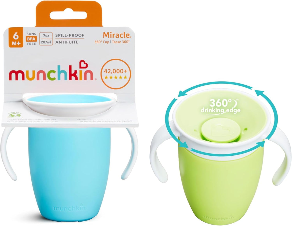 Munchkin Miracle 360 Sippy Cup | Trainer Toddler Cup | BPA Free Baby & Toddler Cups w.Handles | Non Spill Cup | Dishwasher Safe Baby Cup | Leakproof Cup | 6+ Months| 7oz/207ml | 2 Pack | Blue/Green