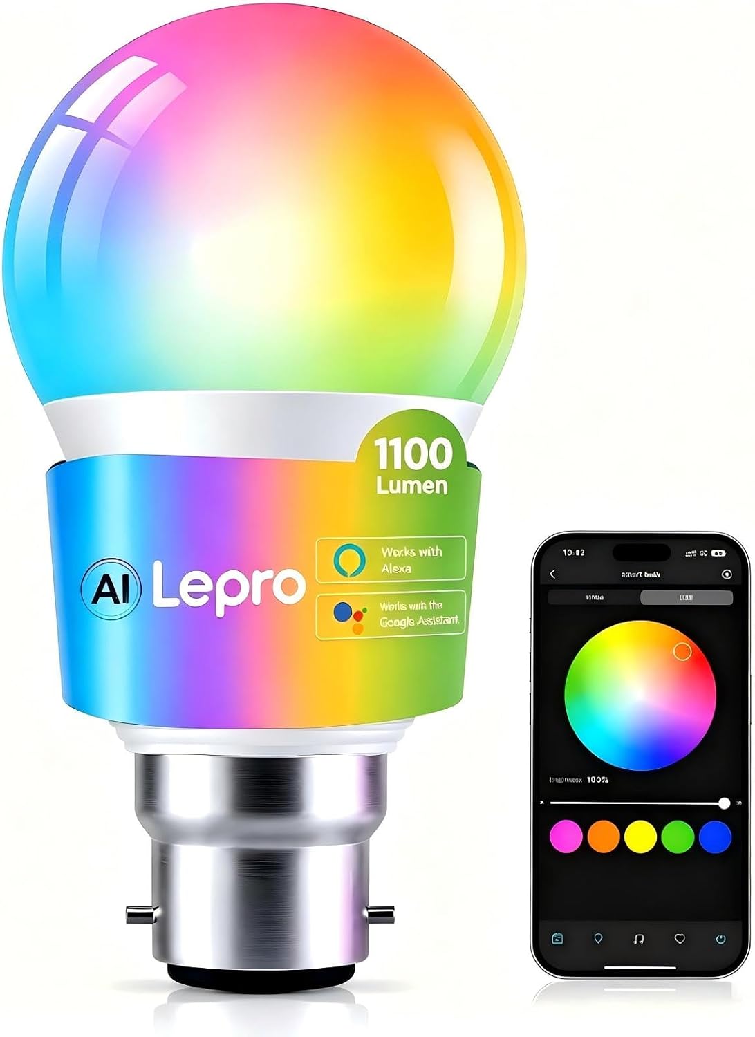 Lepro Smart B22 LED Bulb, 1100lm 10W, RGB + Tunable White, AI Lighting