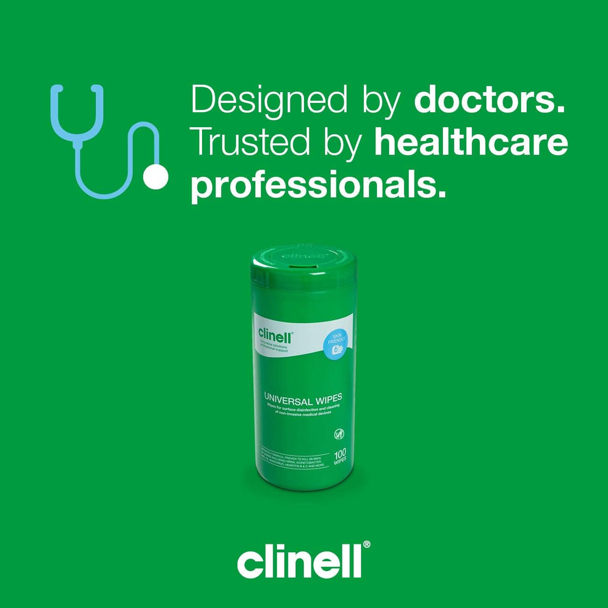 Clinell Universal Cleaning and Disinfectant Wipes for Surfaces - Tub of 100 Wipes - Multi Purpose, Kills 99.99% of Germs, Quick Action - 275mm x 190mm - Neutral Scent