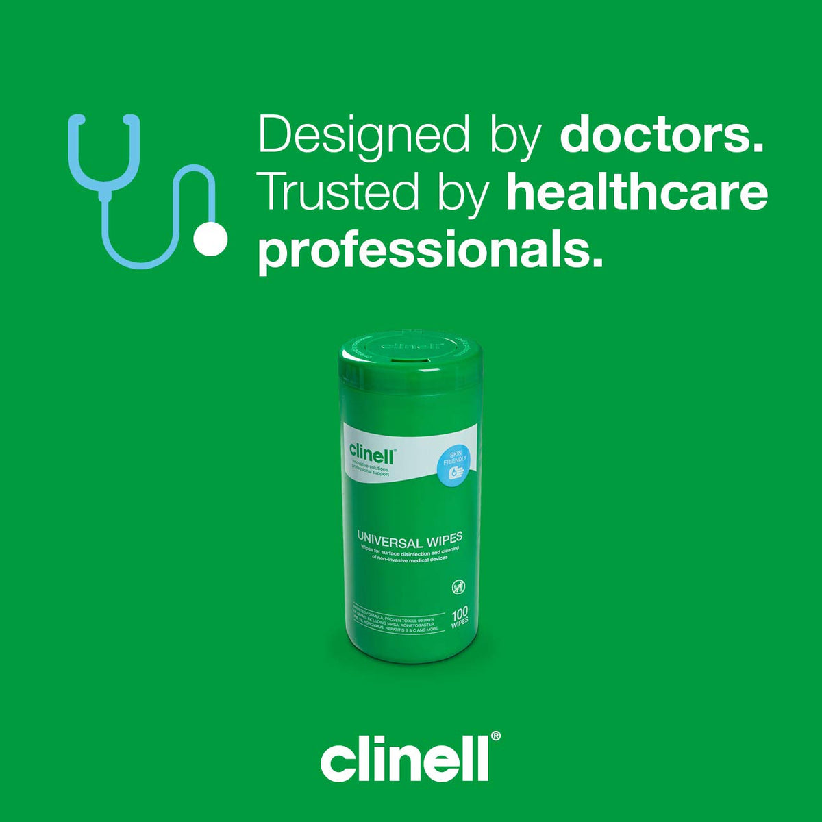 Clinell Universal Cleaning and Disinfectant Wipes for Surfaces - Tub of 100 Wipes - Multi Purpose, Kills 99.99% of Germs, Quick Action - 275mm x 190mm - Neutral Scent