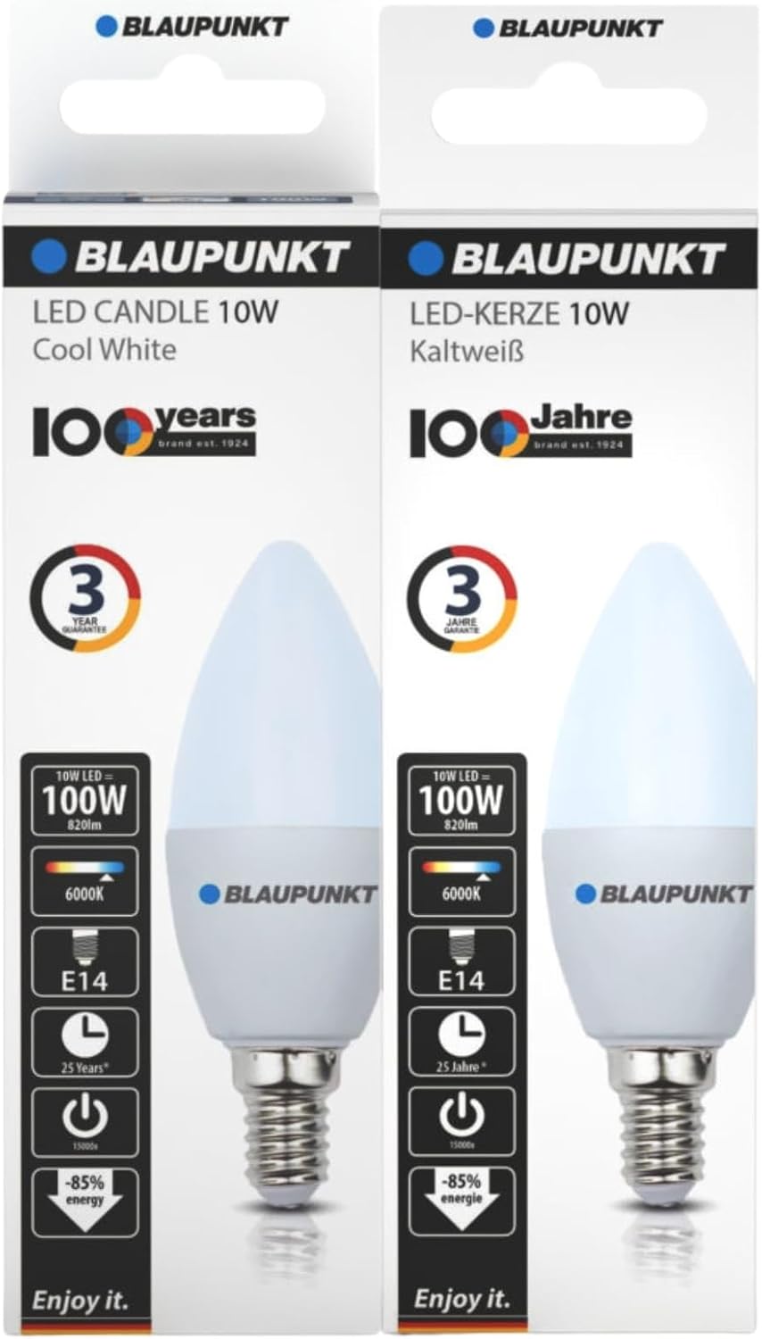 Blaupunkt E14 LED Light Bulb Candle Shape – 10W (Equivalent to 80W - 100W), 820 Lumens, 4000K Neutral White LED – Non‑Dimmable, E14 Screw Base, Energy‑Efficient Home Lighting – Pack of 1