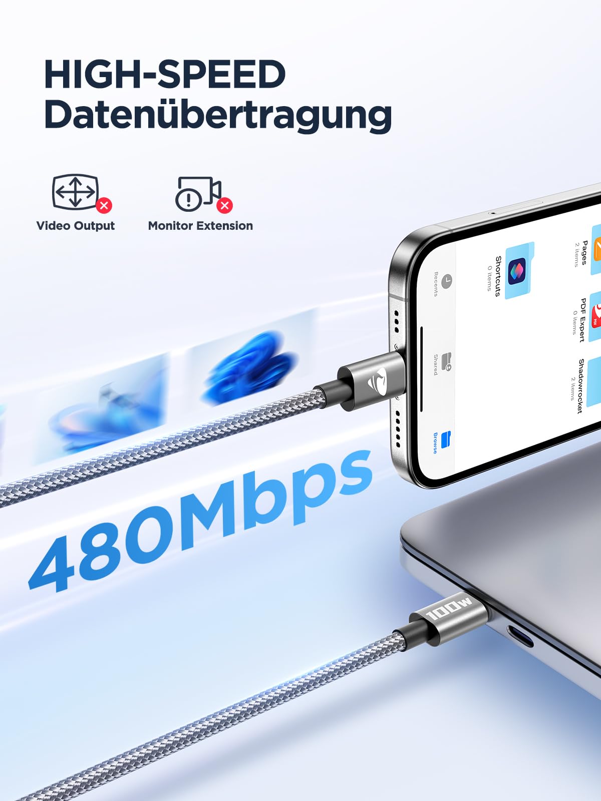 USB-C to C 1M 100W PD3.0 Fast Charging Cable - Compatible with MacBook Pro, iPad Air, iPhone 15, Samsung S23/S22/S21 Ultra, Pixel 7/6, Switch, PS5