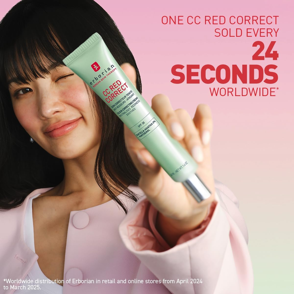 Erborian - CC Red Correct - Anti Redness Tinted Face Cream with Centella Asiatica Panthenol and Bisabolol - Green Neutralizing Shade with SPF 30 - Light Coverage - Korean Cosmetic