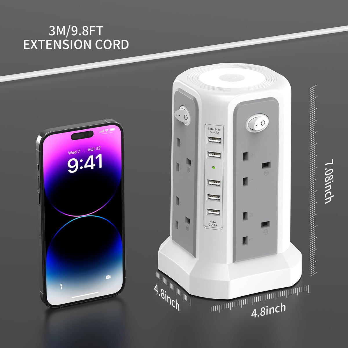 HAFINO Tower Extension Lead 3M with USB Slots and Night Light, 4 Switches
