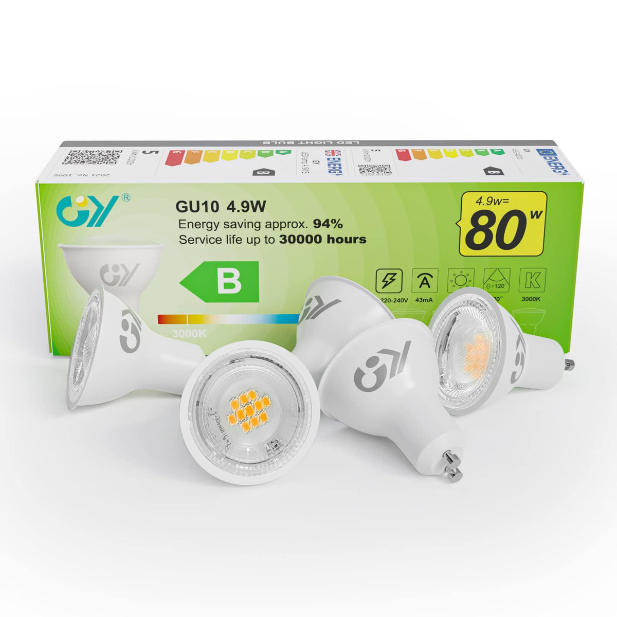 GY GU10 LED Bulb 4.9W 790lm Cool White 6500K Energy Saving LED Bulb, The New UK Energy Efficiency Class B Replaces 80W, 110°Beam Angle Non-Dimmable, 10 Pack