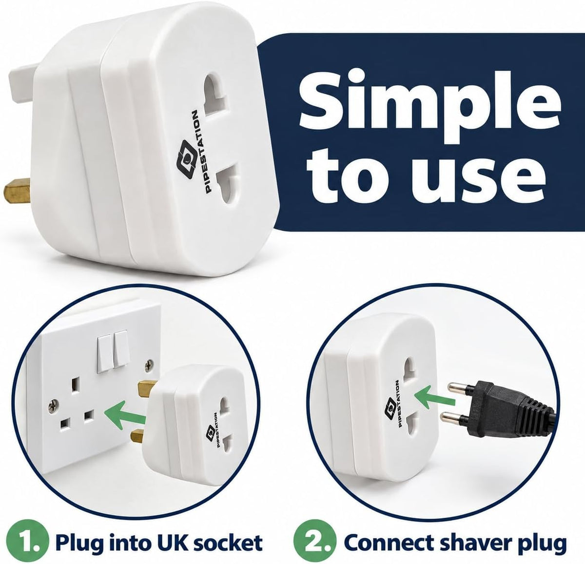 Pipestation Shaver Plug Adaptor UK – 2 Pin to 3 Pin Toothbrush Adapter Plug, 1A Fused Converter for Oral-B, Philips, Braun and Remington Chargers – White