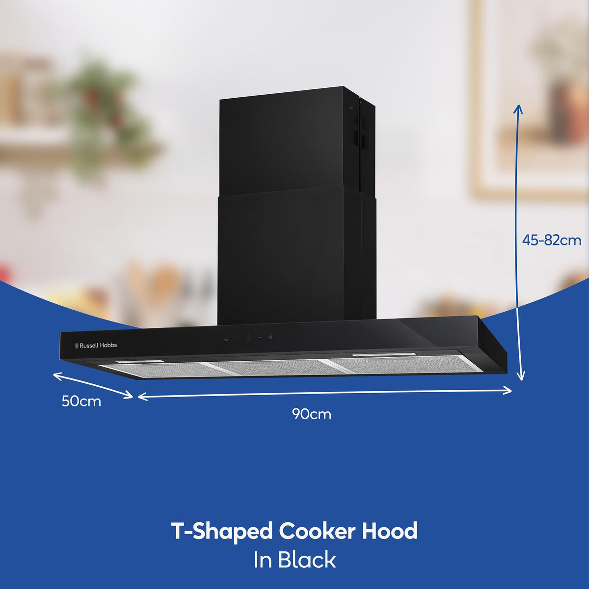 Russell Hobbs 90cm T-Shaped Cooker Hood in Stainless Steel with 3 Speed Settings, 3x Washable Aluminium Filters, Extraction or Recirculation, Boost Function, LED Lights A++ Energy Rating, RHGCH903SS