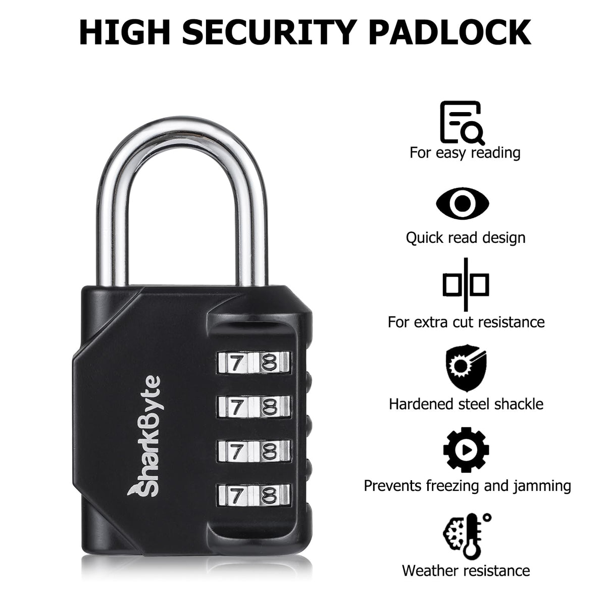 SharkByte Heavy Duty Combination Padlock – 4-Digit Weatherproof Outdoor Lock with Stainless Steel Shackle, Anti-Rust Resettable Code for Gym, School, Locker, Shed, Toolbox, Gate & Warehouse - Red