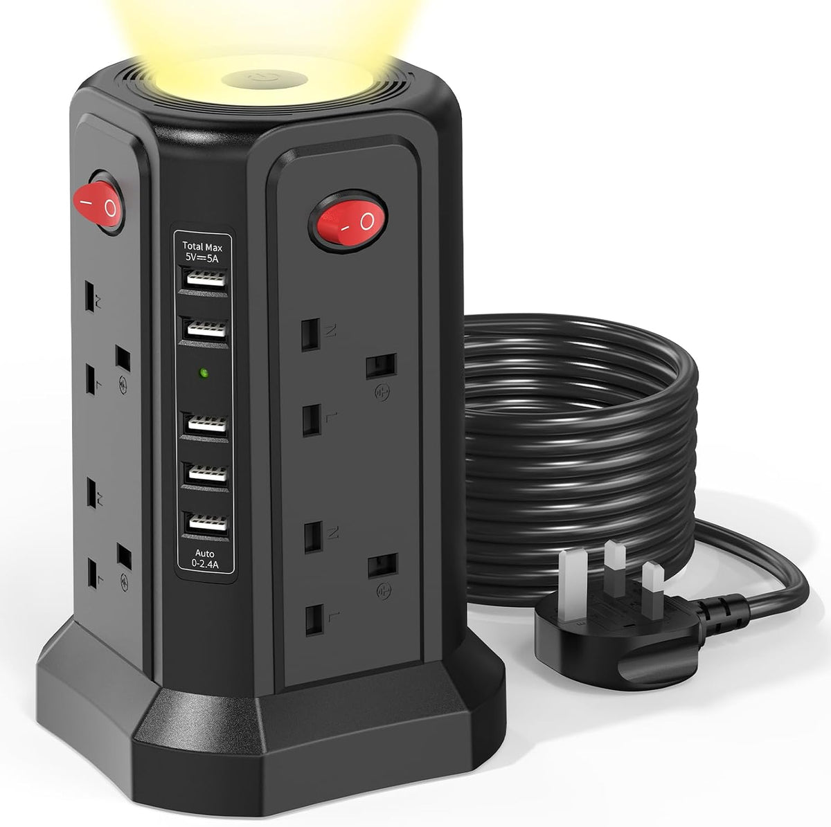 HAFINO Tower Extension Lead 3M with USB Slots and Night Light, 4 Switches
