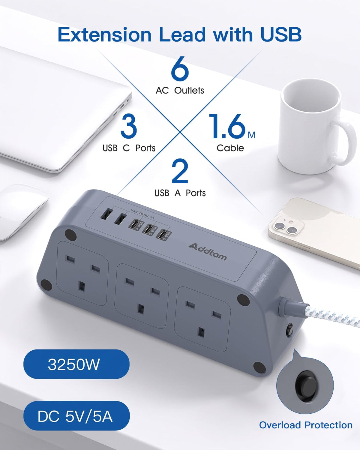 Addtam Extension Lead with USB Slots, 6 Way Outlets 5 USB(5A, 3USB- C Port)