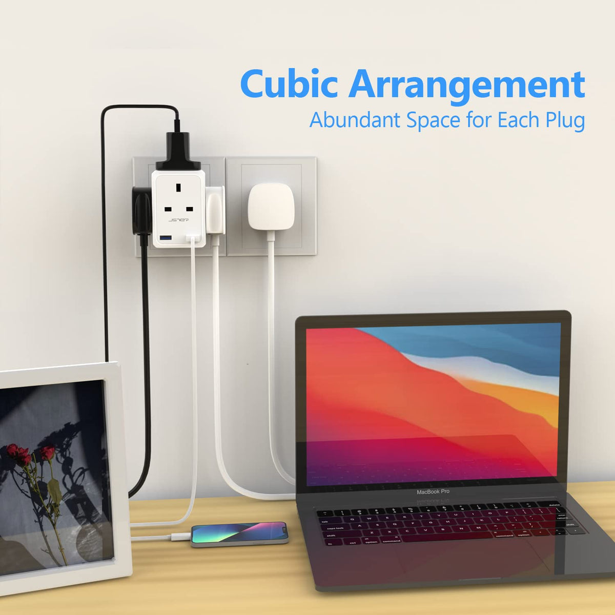 Double Plug Adaptor with 2 USB, JSVER Mini 2 Way Plugs Extension Sockets with USB Ports(5V/2.4A) Wall Charger Adapter, 13A UK 3 Pin Power Socket for Home, Office, Kitchen,White