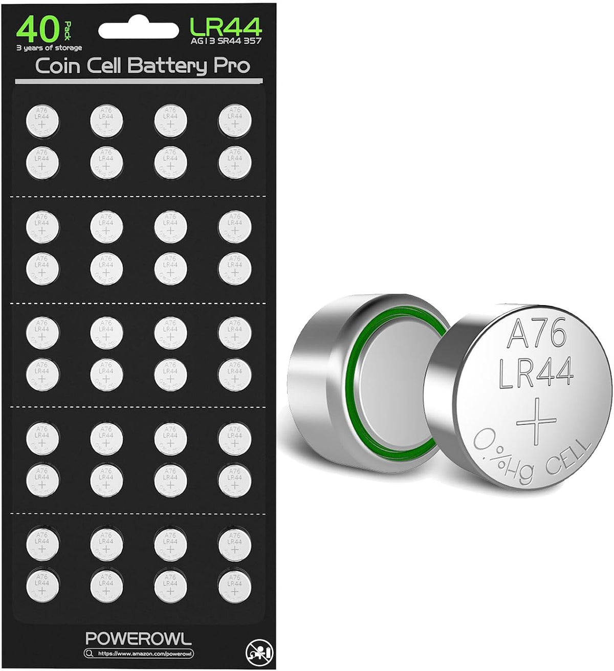 POWEROWL 40 x LR44 Batteries, High Capacity AG13 SR44 L1154F A76 Premium 1.5V Button Coin Cell Battery for Christmas decorations, Key Fobs, Car Keys and More