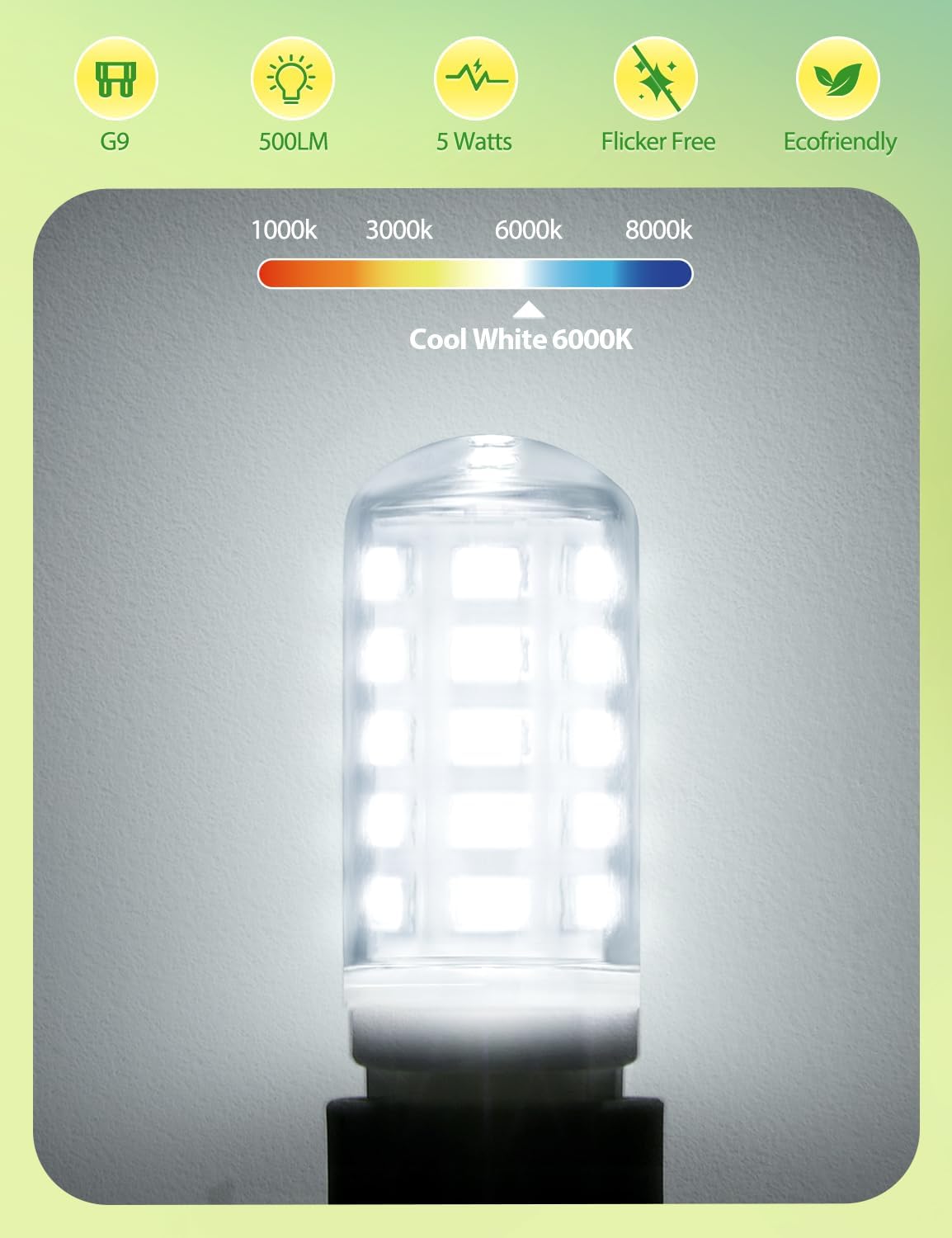 G9 LED Bulbs Cool White, 5W(45W Equivalent) 6000K, 500LM, Pack of 5