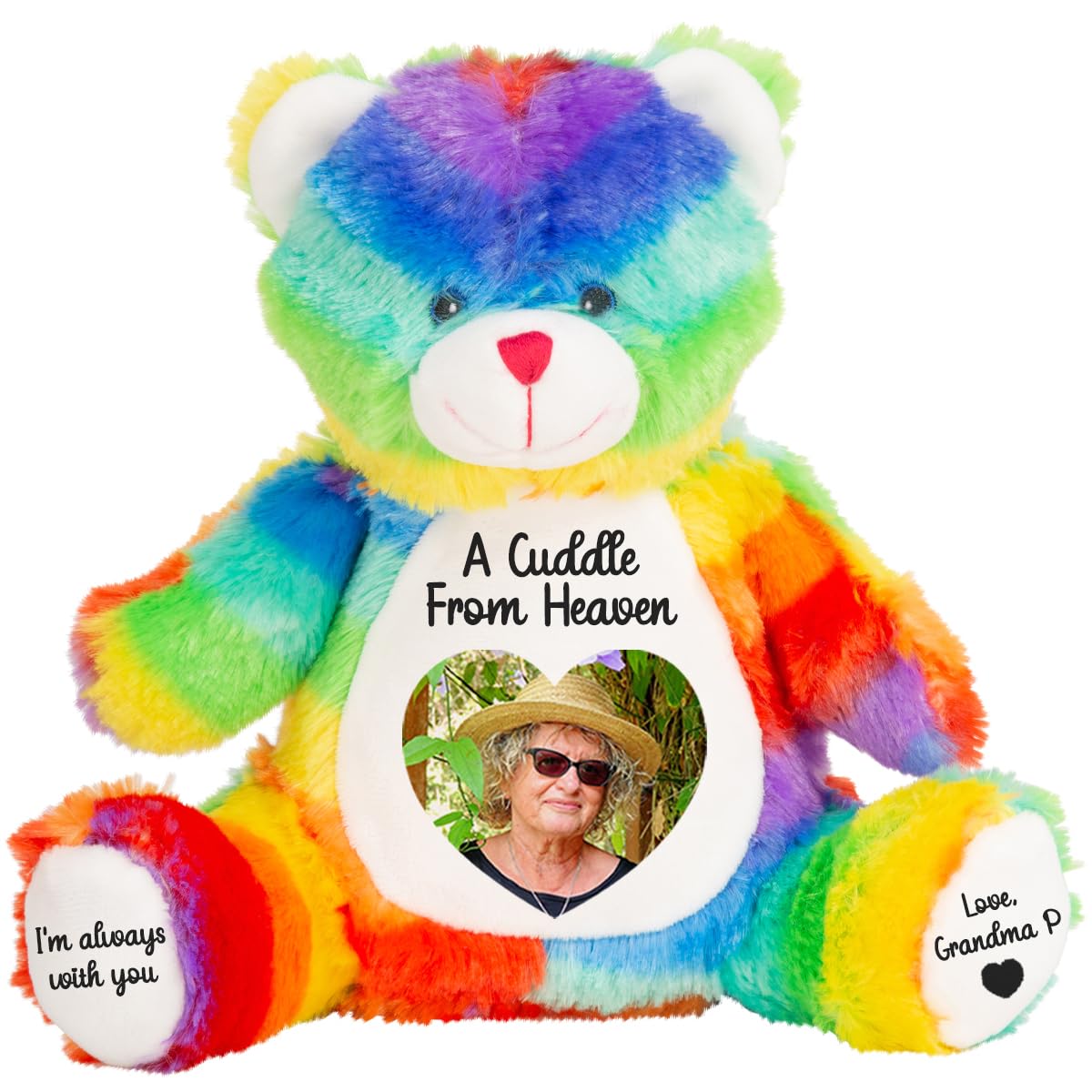 Personalised Memory Teddy Bear with Heart-Shaped Photo – “A Cuddle From Heaven” Keepsake Gift – 28 Bear Styles – Add Your Text & Choose Colour – Custom Memorial Bear (White Angel Teddy)
