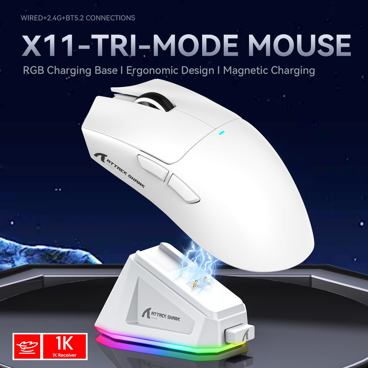 ATTACK SHARK X11 Gaming Mouse with Magnetic Charging Dock, PixArt PAW3311 Gaming Sensor, BT/2.4G Wireless/Wired Gaming Mouse with Mouse Grip Tape, 22000 DPI, Gamer Mice for Win11/Xbox/PS/Mac (Red)