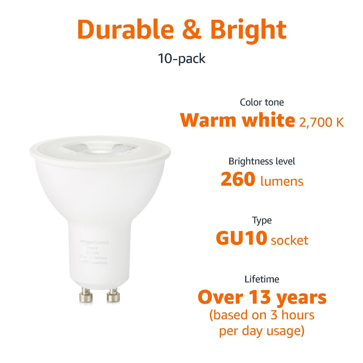 Amazon Basics LED GU10 Spotlight Bulb, 4.7W (equivalent to 50W), Warm White, Non Dimmable - Pack of 10