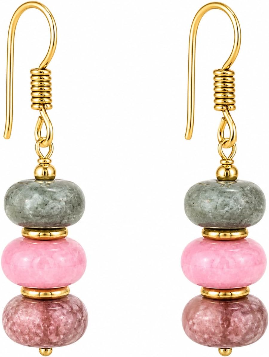Gempires Natural Gemstone Rondelle Bead Earrings for Women | 8mm Beaded Drop Dangle Earrings | Gold Plated Hypoallergenic Hook Jewelry | Handmade Lightweight Crystal Earrings
