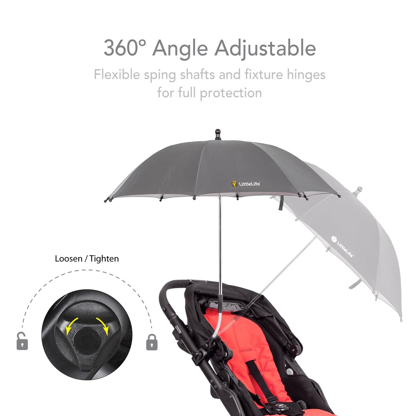 LittleLife Baby Sun Parasol UPF50+ | Universal Pushchair & Buggy Umbrella, Adjustable 360° Shade for Safe Summer Walks, Black