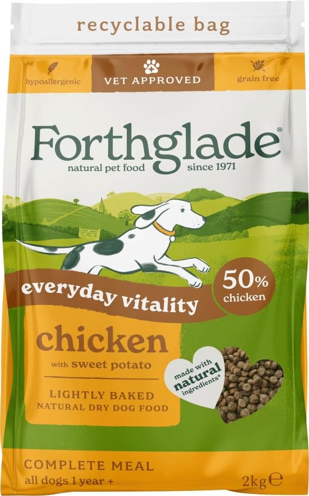 Forthglade Dry Dog Food, Lightly Baked, (2kg), Hypoallergenic and Grain Free Dog Food, Adult 1 Year +, Turkey With Sweet Potato, Completed and Balanced Meal, 50% Single Source Protein