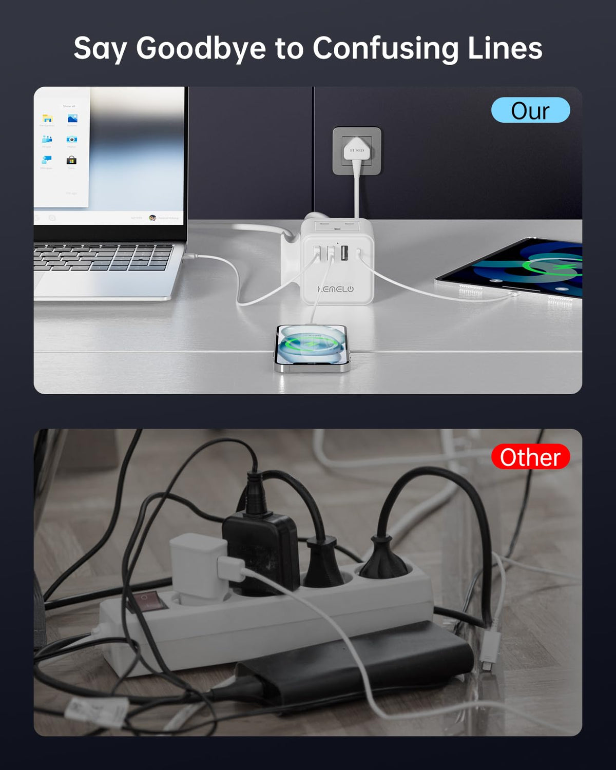 Cube Extension Lead with 4 USB Slots, Kemelo 4 Way (13A/3250W) Multi Plug Extension Cable with Child Safety UK Desktop Power Extension Socket,1.5M Extension Cords for Home Dorm Office Travel, Black