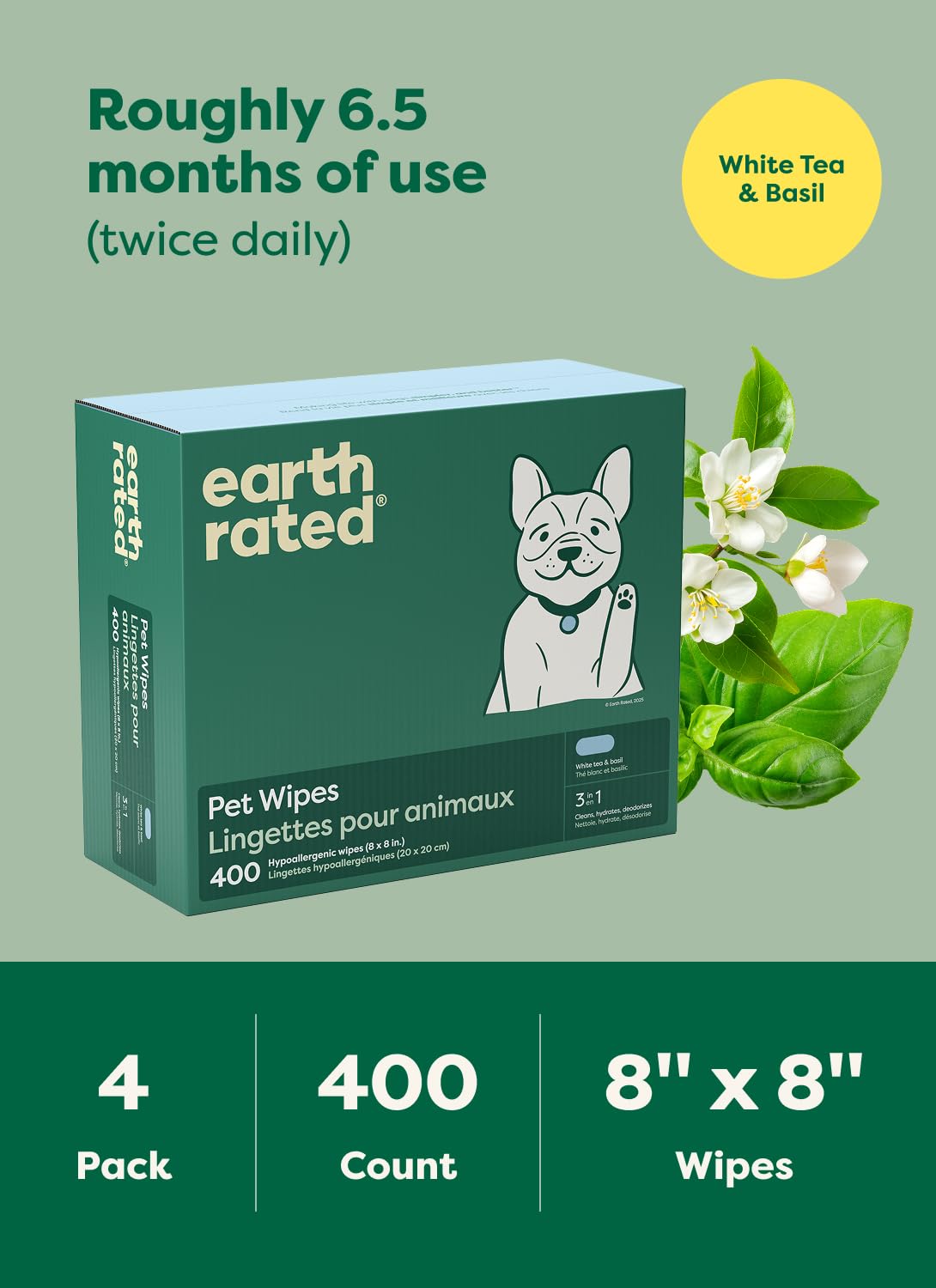 Earth Rated Pet Wipes for Dogs, Hypoallergenic, Cleaning and Hydrating, for Grooming Paws, Body and Bums, Unscented, 100 Count