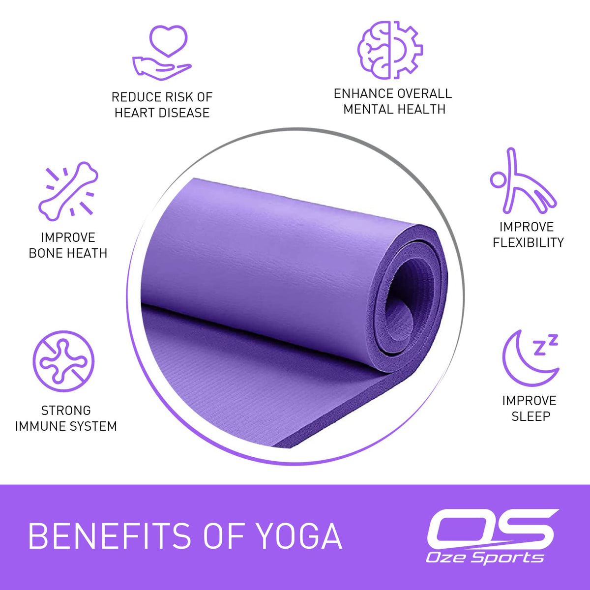 OZE SPORTS Yoga Mat, NBR Foam, Extra Thick, Non-Slip, High Density, Large, for Pilates, Gymnastics, HiiT and Fitness, with Free Carry Strap