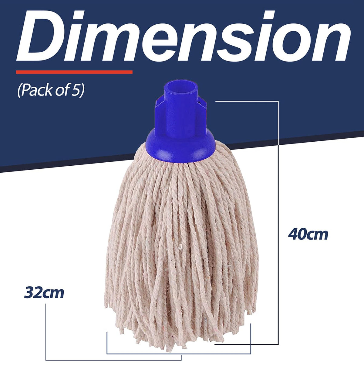 Abbey No.16 Socket Cotton Mop heads Replacement Pack of 5 – Super Absorbent String Mop Universal Screw On Socket - Floor Cleaning Heavy Duty mop head ( Blue )