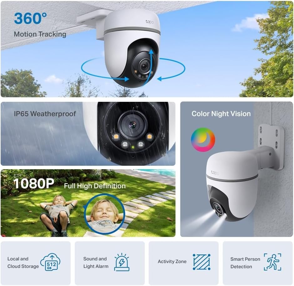 Tapo TC40 Pan/Tilt Smart Security Outdoor Camera, Full HD, 360° Person Detection Motion Tracking, Color Night Vision, WiFi Camera No Monthly Fee, Two-Way Talk, IP65, Works with Alexa and Google