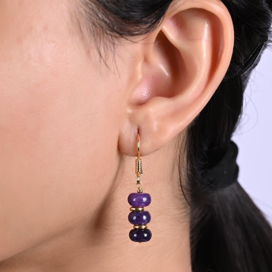 Gempires Natural Gemstone Rondelle Bead Earrings for Women | 8mm Beaded Drop Dangle Earrings | Gold Plated Hypoallergenic Hook Jewelry | Handmade Lightweight Crystal Earrings