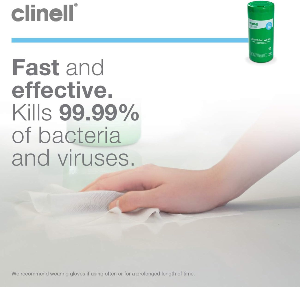 Clinell Universal Cleaning and Disinfectant Wipes for Surfaces - Tub of 100 Wipes - Multi Purpose, Kills 99.99% of Germs, Quick Action - 275mm x 190mm - Neutral Scent