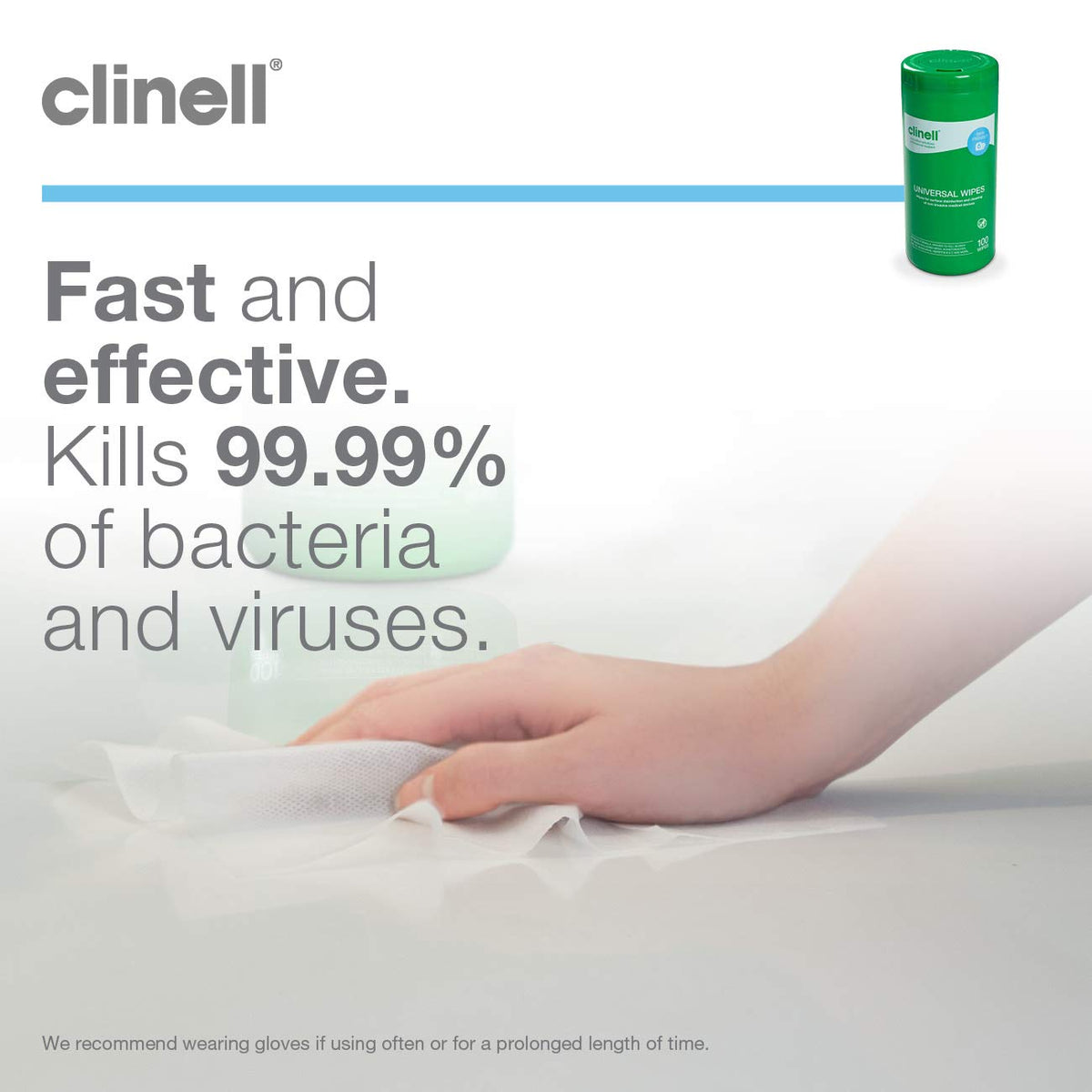 Clinell Universal Cleaning and Disinfectant Wipes for Surfaces - Tub of 100 Wipes - Multi Purpose, Kills 99.99% of Germs, Quick Action - 275mm x 190mm - Neutral Scent