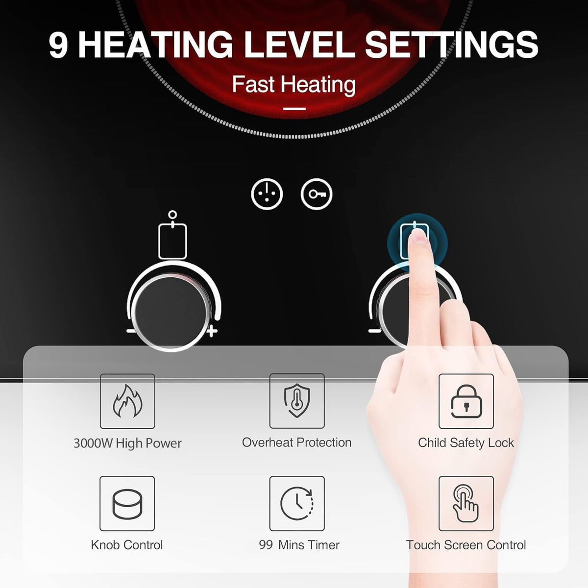 VBGK Portable Ceramic Hob, 2000W Pulg in Single Electric Hob, Portable Electric Hob with Digital LED Touch Controls, 10 Power Levels, 4-Hour Timer, Child Safety Lock, Black